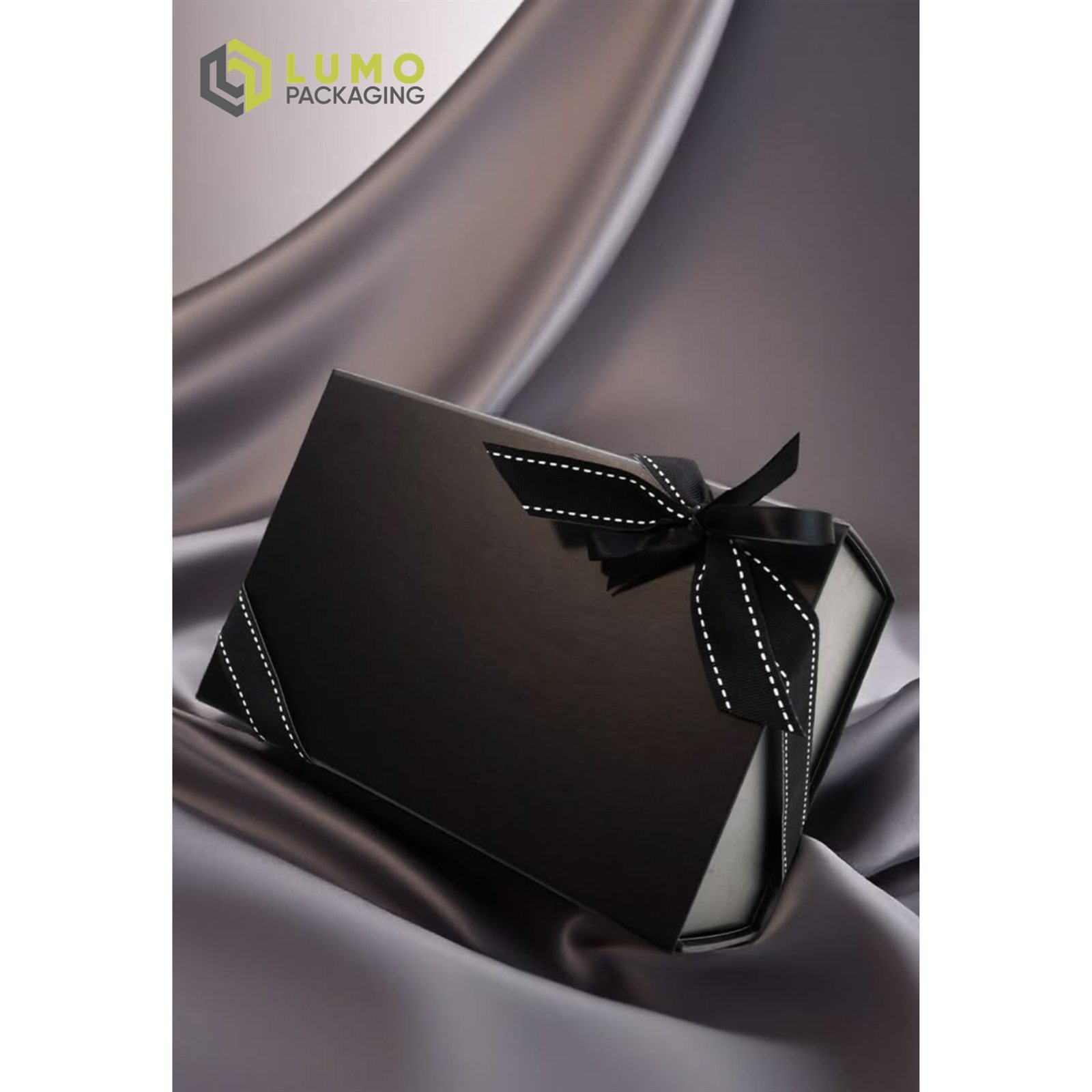 Octagonal Gloss Black Magnetic Gift Box With Royal Blue Satin