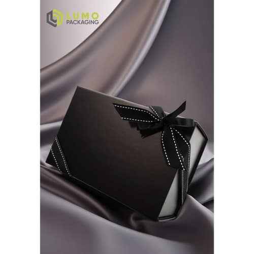 Octagonal Gloss Black Magnetic Gift Box With Royal Blue Satin
